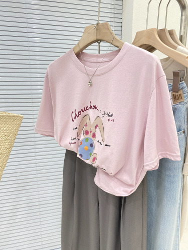 Official image Combed cotton back pack collar large size cartoon print round neck short-sleeved T-shirt women loose Korean top