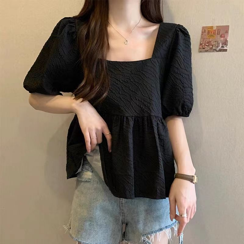 200 catties large size women's short-sleeved T-shirt women's puff sleeve square collar summer new loose belly ruffle top
