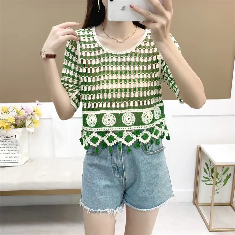 2023 summer new retro hollow crochet knitted round neck short-sleeved knitted women's top