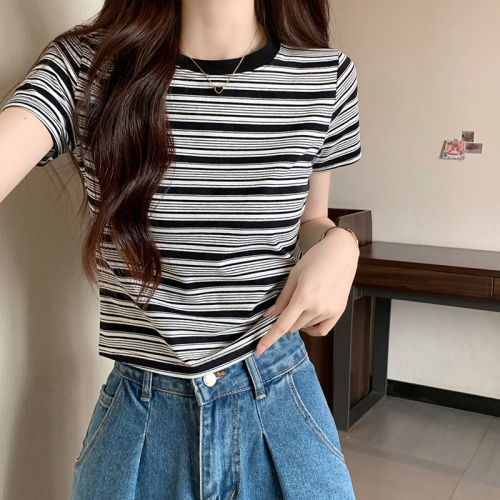 Real price Hong Kong style retro cotton short-sleeved t-shirt women's summer design sense contrast color striped chic half-sleeved top