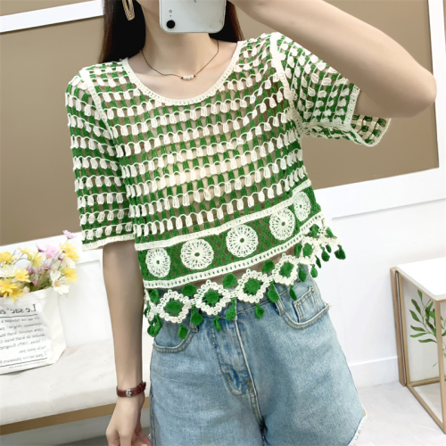  summer new retro hollow crochet knitted round neck short-sleeved knitted women's top