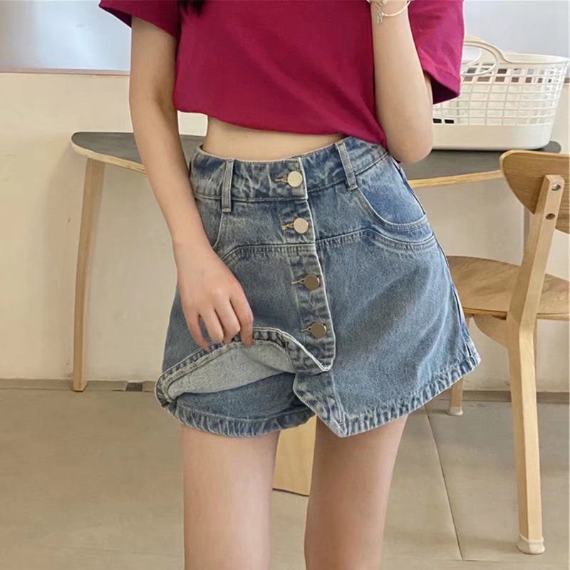 Single-breasted fake culottes 2023 summer new jeans women's loose wide-leg a-line shorts