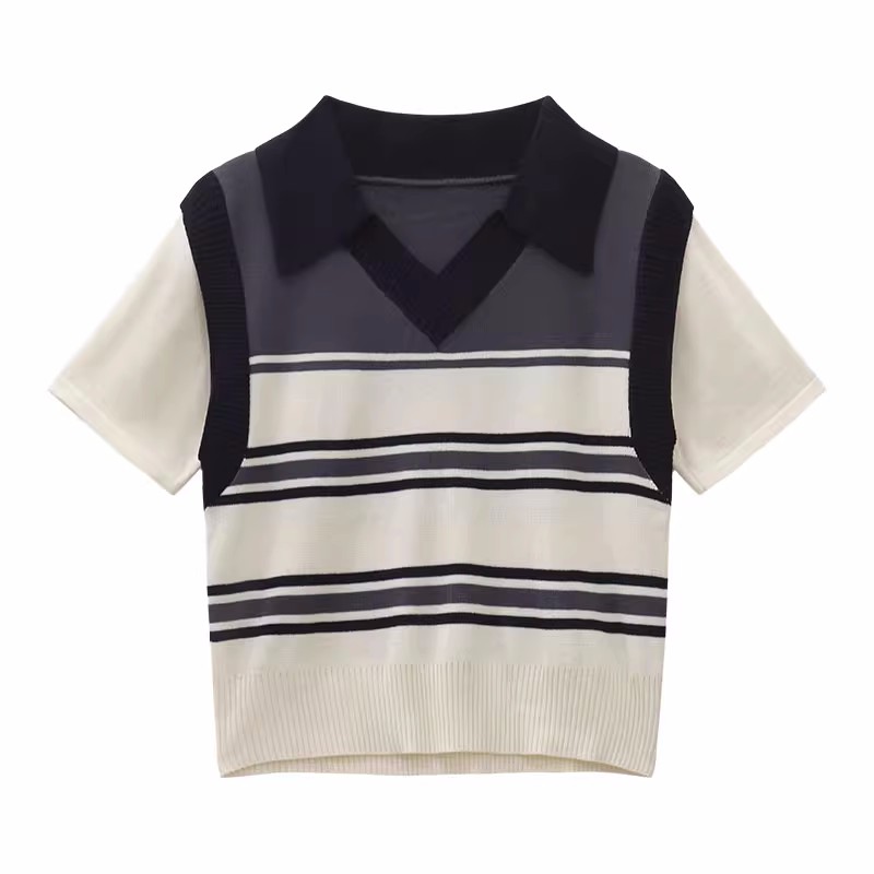 Fake two-piece knitted sweater women's summer new retro striped polo collar niche design short-sleeved top
