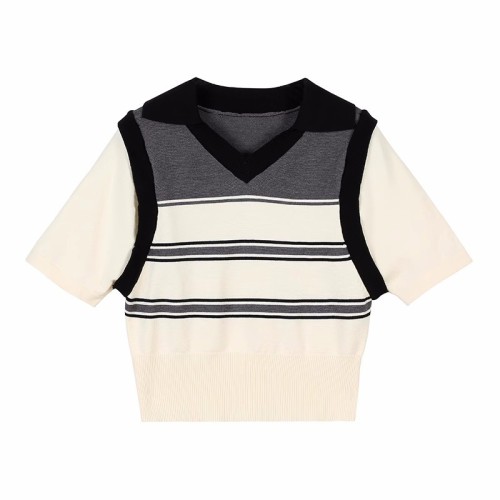 Fake two-piece knitted sweater women's summer new retro striped polo collar niche design short-sleeved top