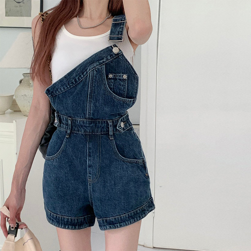 Summer fat MM net red retro wide legs slim denim irregular design bib shorts S-5XL200 catties