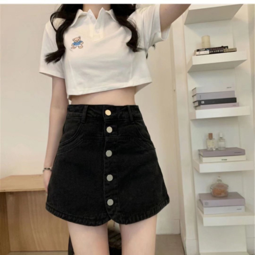 Single-breasted fake culottes 2023 summer new jeans women's loose wide-leg a-line shorts