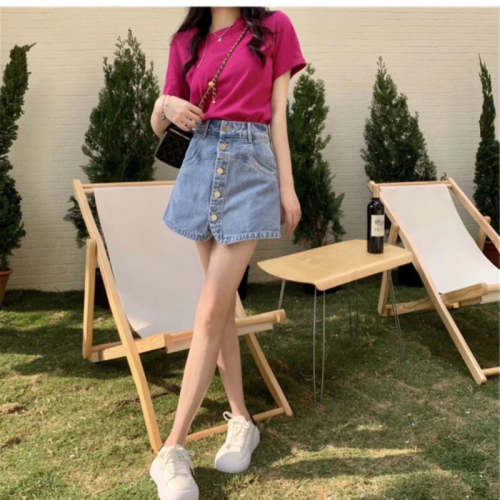 Single-breasted fake culottes 2023 summer new jeans women's loose wide-leg a-line shorts