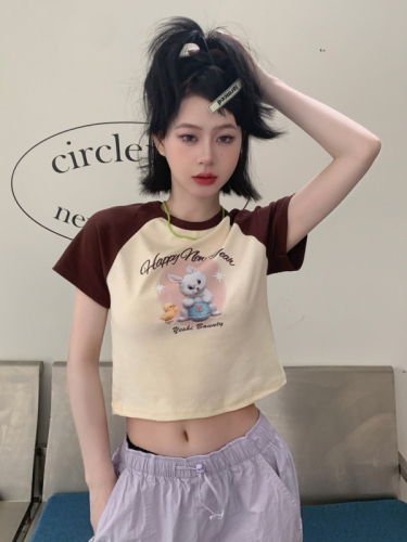 Real shot, unique and chic American retro Hong Kong style chic sweet and spicy short section exposed navel slim short-sleeved T-shirt for women