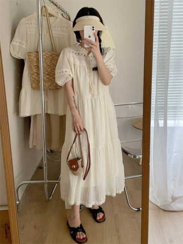 Real shot~2023 summer new heavy industry hollow design gentle A-line puff sleeve loose skirt