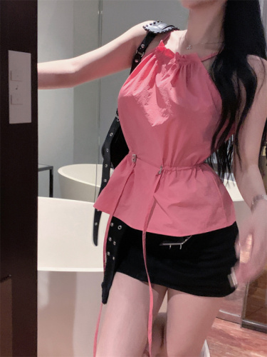 Real shot real price design sense niche drawstring hanging neck pink camisole vest female sleeveless babes top