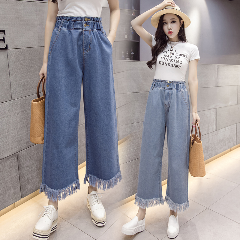 Real shot denim wide-leg pants women's high waist slimming loose all-match summer cropped pants