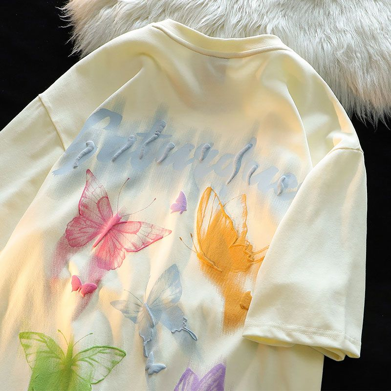 2023 Summer Korean Style Loose Plus Size Top Short Sleeve Butterfly Print T