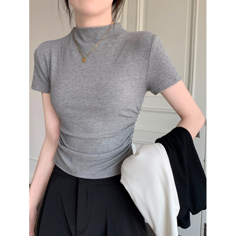 Half-high collar short black tight top women's new summer design sense niche short-sleeved t-shirt women