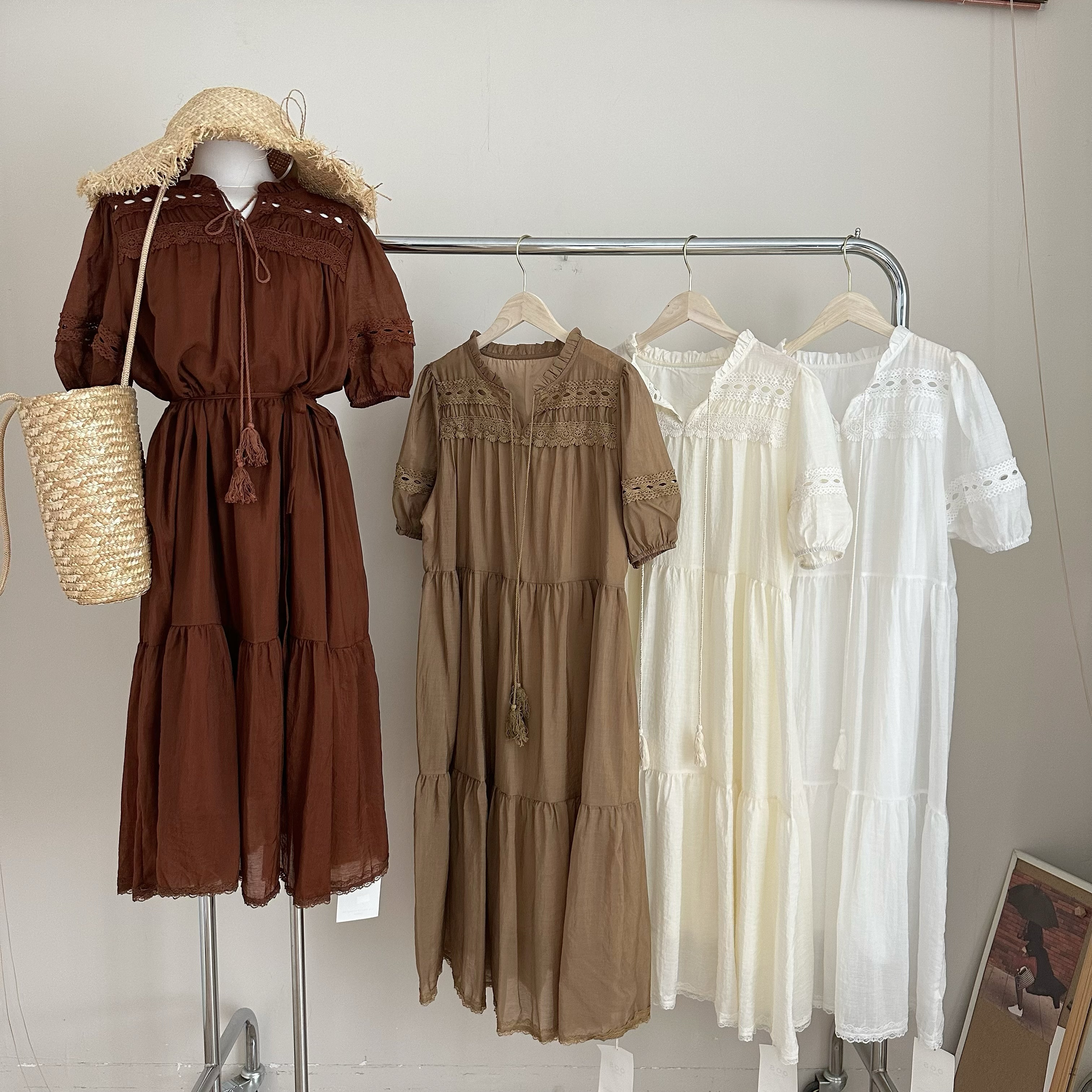 Real shot~2023 summer new heavy industry hollow design gentle A-line puff sleeve loose skirt