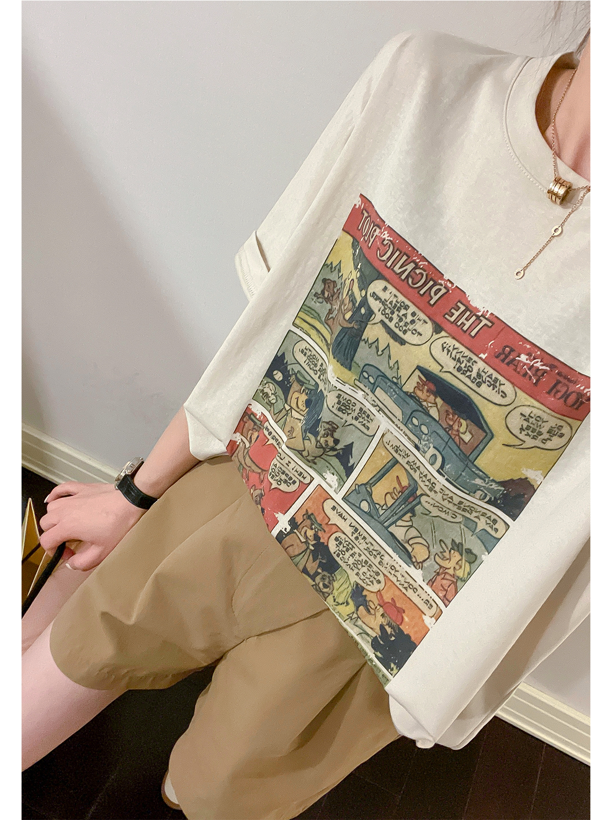 Official image Combed cotton back pack collar large size cartoon print round neck short-sleeved T-shirt women loose Korean top