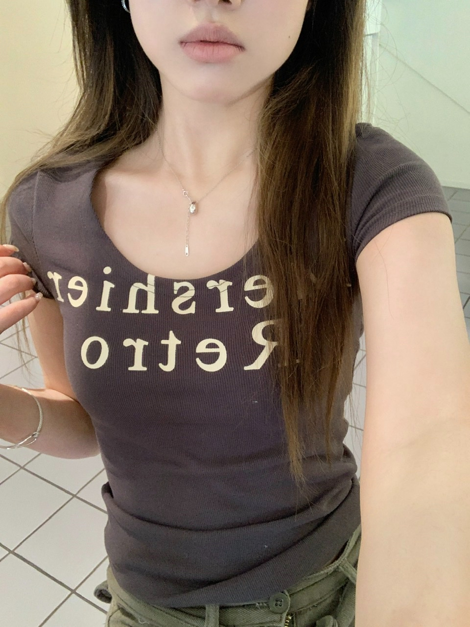 American hot girl letter printing U-neck short-sleeved T-shirt women's summer 2023 new all-match slim slim net red top