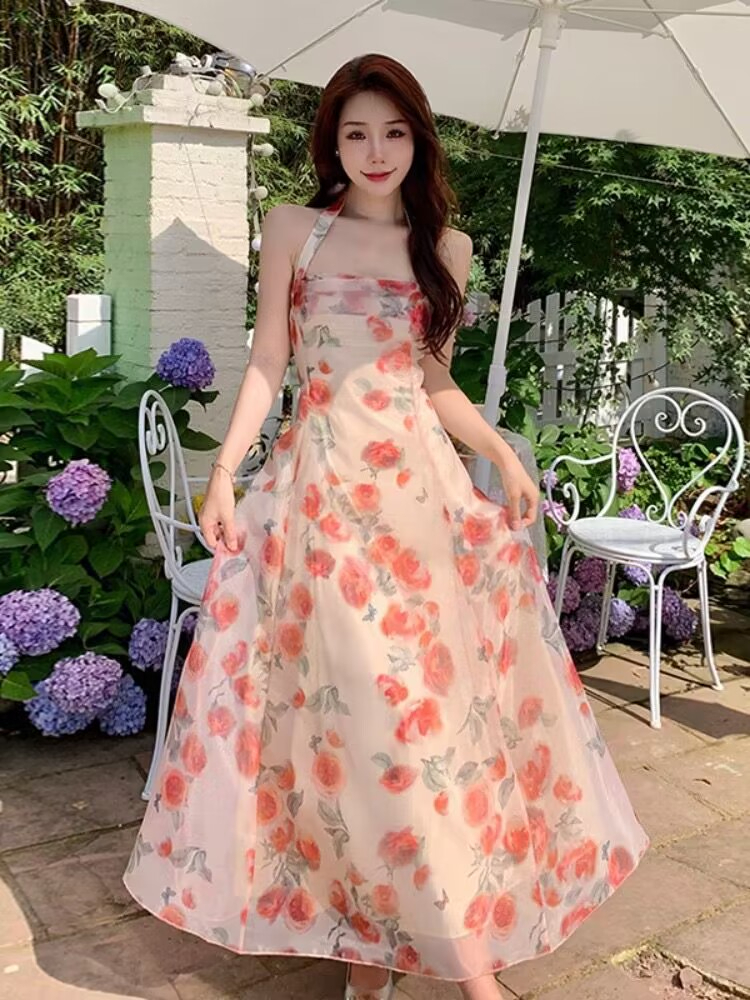 Original fabric method + zipper + lining tea break advanced milk sweet hanging neck light cooked sweet and spicy style waist waist dress