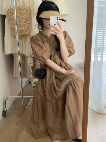 Real shot~2023 summer new heavy industry hollow design gentle A-line puff sleeve loose skirt
