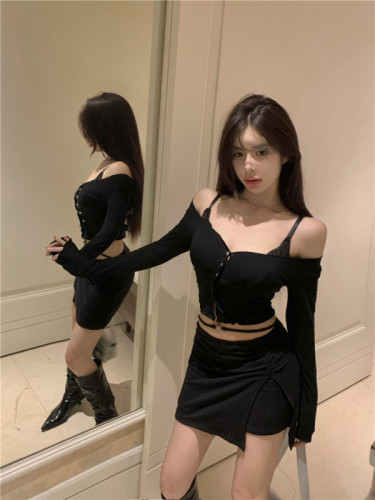 Real price pure desire sexy irregular hollow strap lace splicing suspender cardigan slit skirt three-piece set