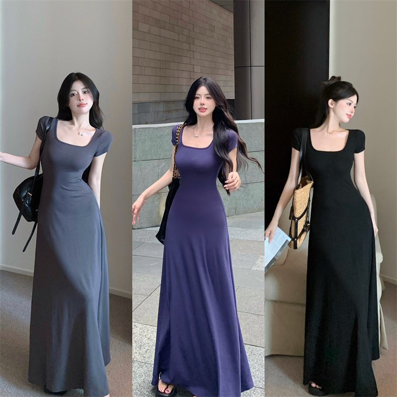 Real price real shot High-end French square collar short-sleeved slim waist temperament long dress skirt