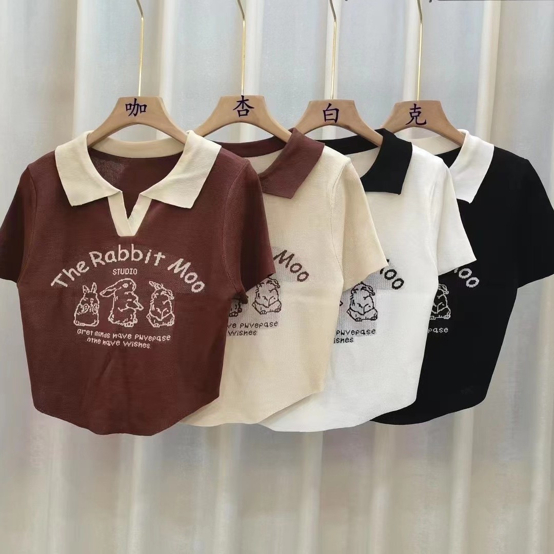American retro Hong Kong flavor chic sweet and spicy slim short polo collar top design sense niche short-sleeved t-shirt female summer