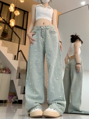 Real price!  Straight-leg wide-leg trousers, new pearl beads, high-waisted wide-leg denim trousers, women's floor-length trousers