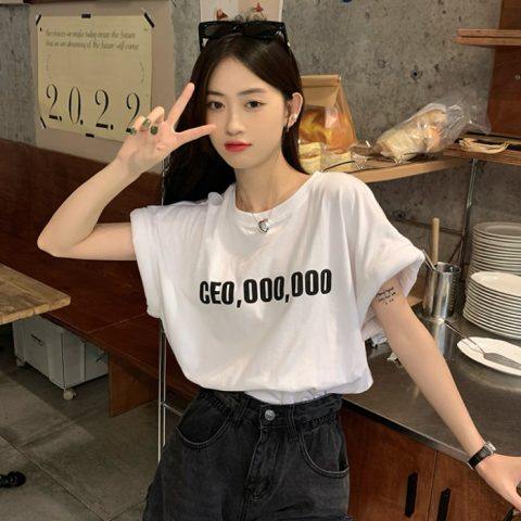 Alphabet T-shirt women's European summer niche design casual loose all-match pure cotton round neck short-sleeved fried street top