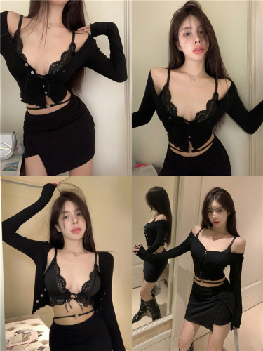 Real price pure desire sexy irregular hollow strap lace splicing suspender cardigan slit skirt three-piece set