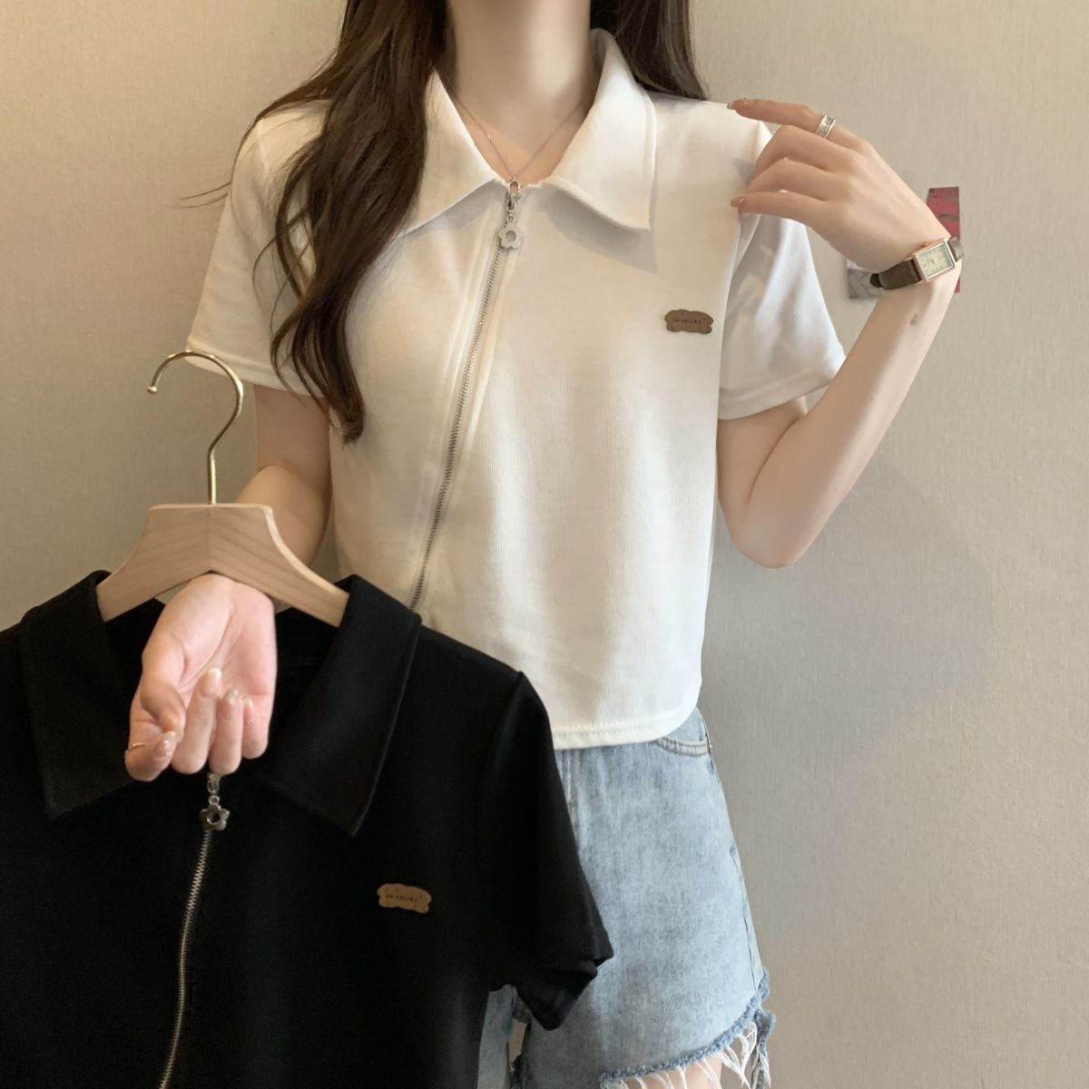 Large size polo collar front shoulder short-sleeved t-shirt women's summer foreign style design feeling fat mm cover belly and look thin short top
