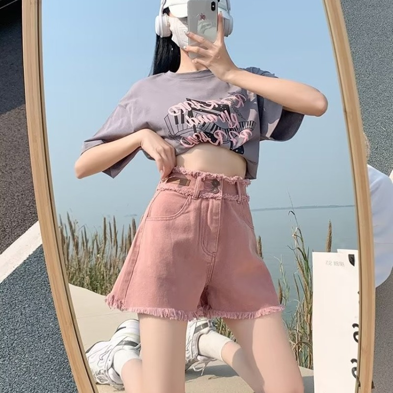 Spot# design sense rolled edge denim shorts women spring and summer 2023 new high waist slimming a-line wide-leg pants