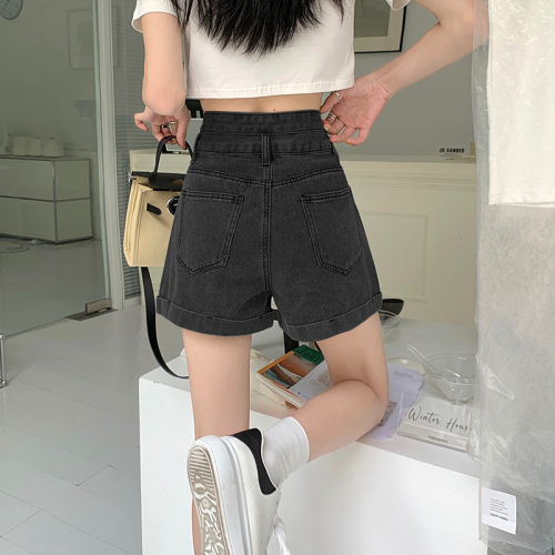 Personalized high-waist curling denim shorts women's summer 2023 new loose and thin wide-legged a-line design hot pants