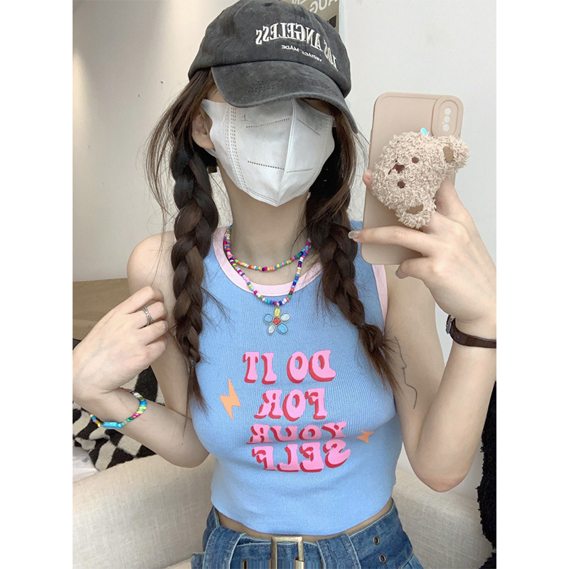 American Retro Sweet Spice Girl Slim Short Navel Vest Female Summer