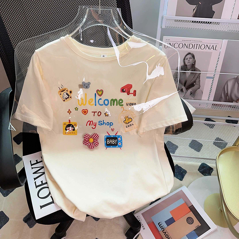 Real shot of 21 combed cool cotton short-sleeved t-shirt women's summer 2023 embroidery flower trend Korean version round neck top plus size women's clothing