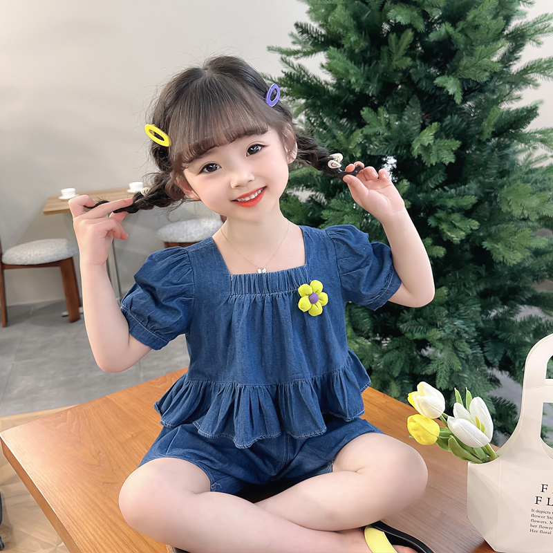 Girls' flower ruffled top denim shorts suit summer new baby square collar thin casual two-piece suit
