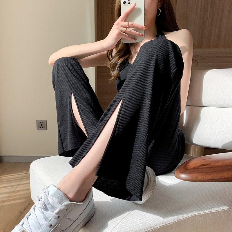 Fashion super hot ice silk wide-leg pants women's summer high waist hanging feeling small thin section slit straight tube floor mopping casual pants
