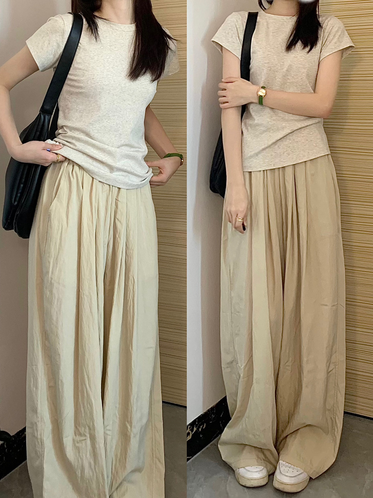 Summer ice silk wide-leg pants women's high waist drape casual Japanese cotton and linen lazy straight pants large size S-4XL
