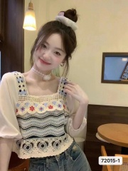 2023 summer new Korean version sweet square collar flower hollow hook flower chiffon short-sleeved top women