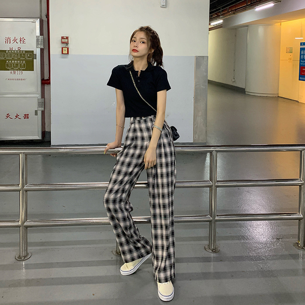 Plaid casual pants women's spring and summer 2023 Korean version of the trendy high-waisted thin straight-legged loose-fitting fashion wide-leg pants