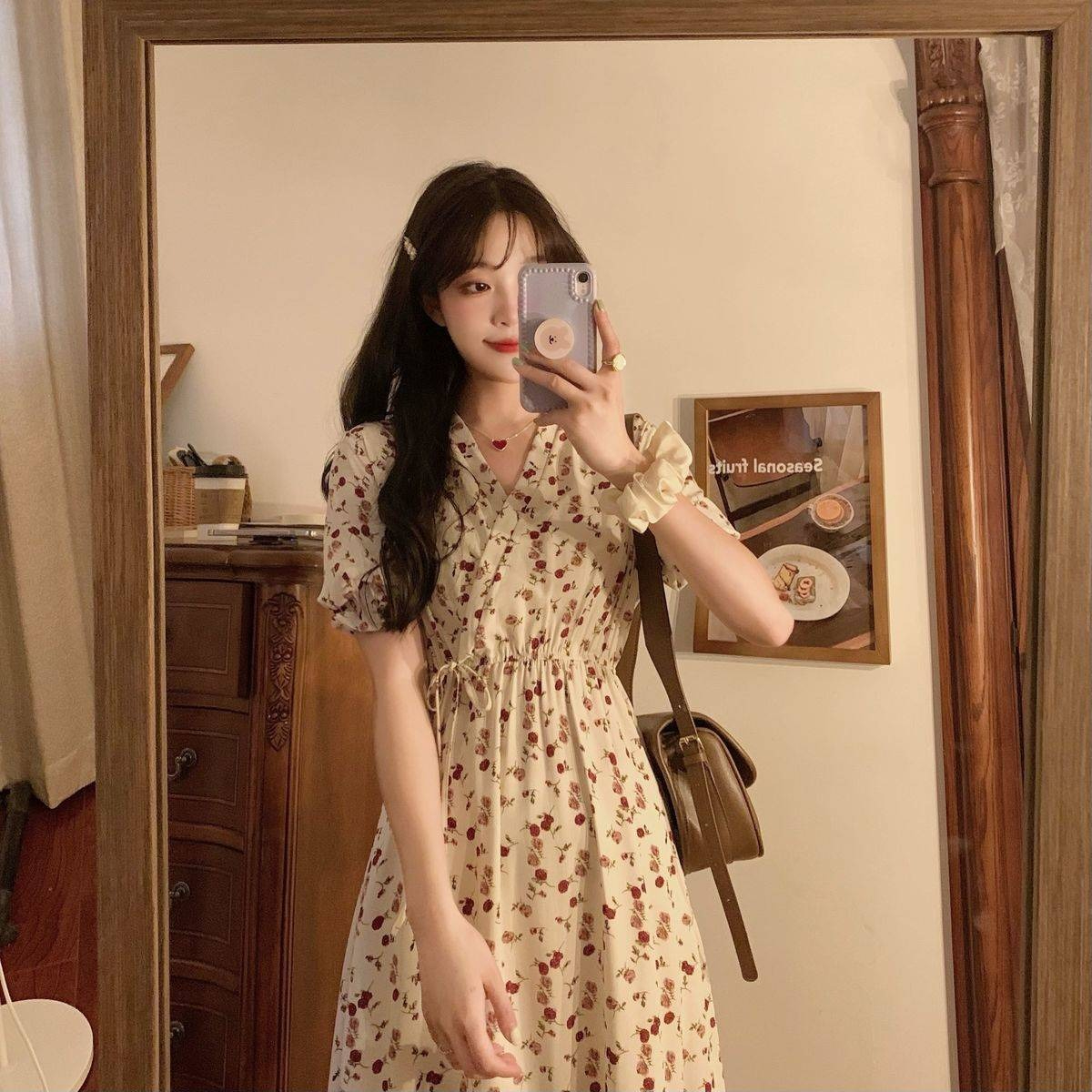 French niche tea break gentle wind first love fairy chiffon floral puff sleeve dress 2023 summer new