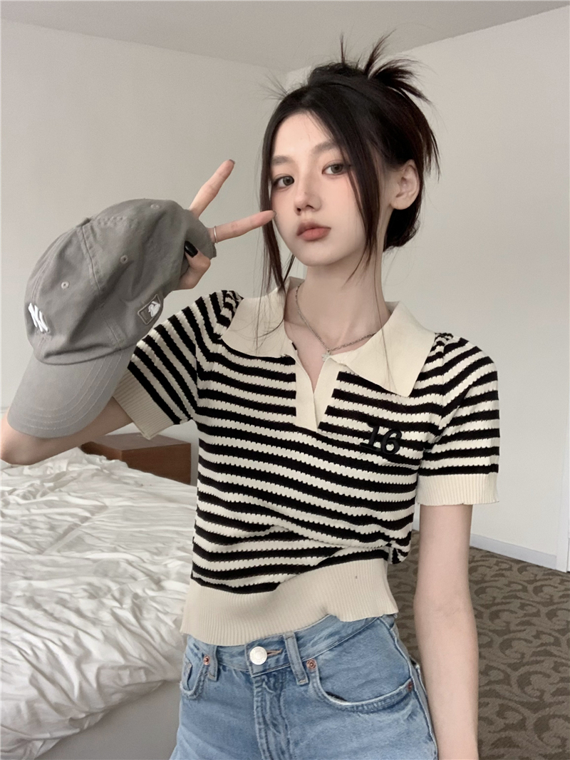 2023 summer new Korean style retro polo collar striped embroidery design sense knitted short-sleeved all-match top