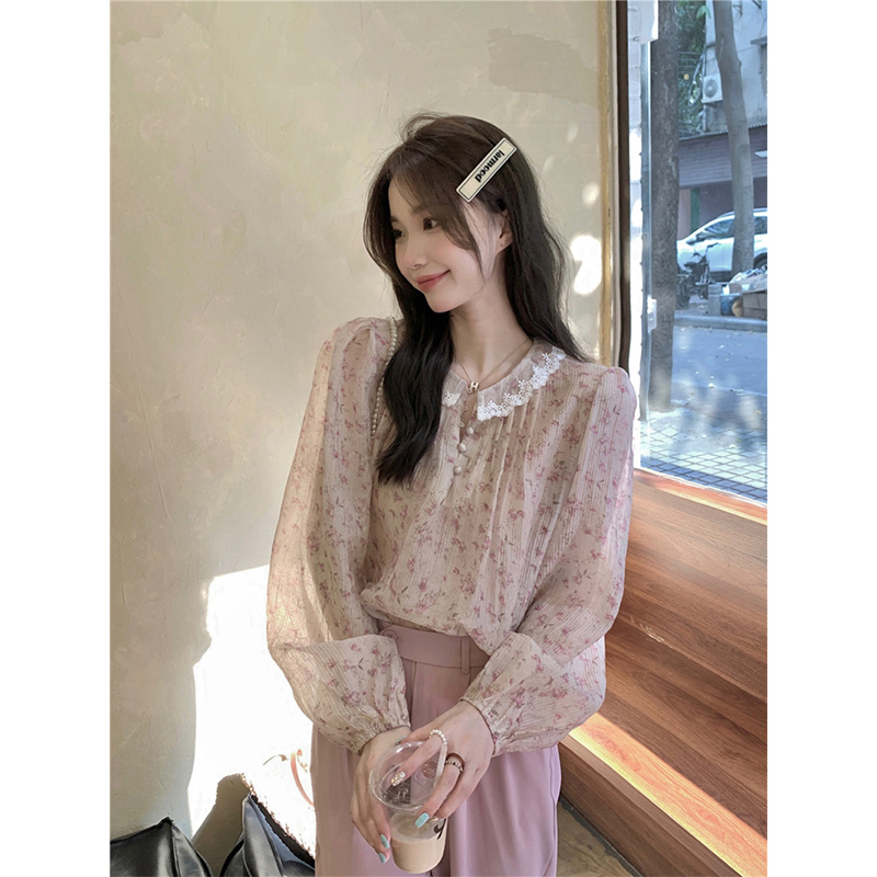 Sweet Mori Floral Chiffon Shirt Women's Summer 2023 New Lace Stitching Loose and Gentle Wind Puff Sleeve Top