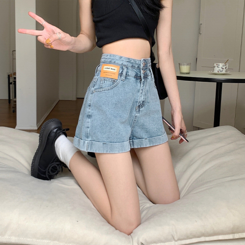 Personalized high-waist curling denim shorts women's summer 2023 new loose and thin wide-legged a-line design hot pants