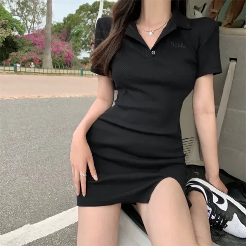 Temperament polo collar slim fit sexy bag hip slit dress female 2023 summer new casual skirt