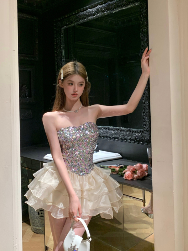 Real price real price sequin tube top dress female summer new French hot girl waist princess skirt mesh tutu skirt