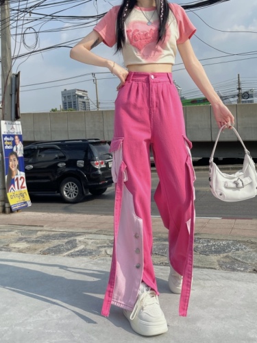 Real shot real price pink splicing overalls high waist color matching straight leg wide leg pants design feeling loose and thin fried street