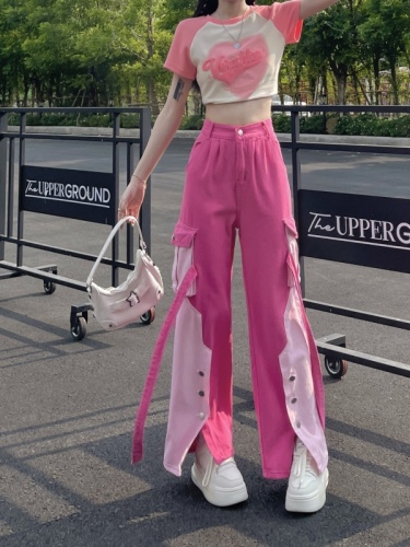 Real shot real price pink splicing overalls high waist color matching straight leg wide leg pants design feeling loose and thin fried street