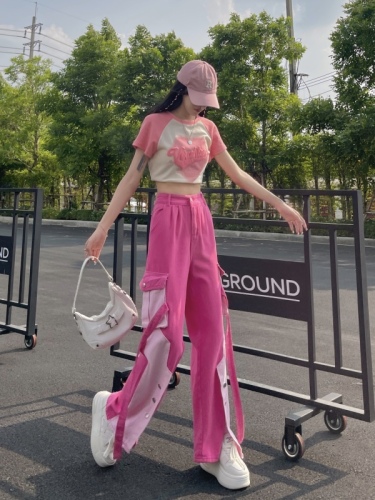 Real shot real price pink splicing overalls high waist color matching straight leg wide leg pants design feeling loose and thin fried street