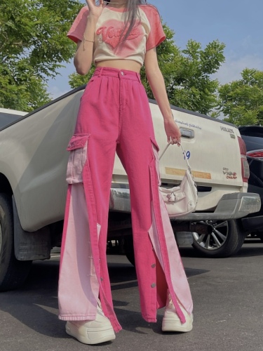 Real shot real price pink splicing overalls high waist color matching straight leg wide leg pants design feeling loose and thin fried street