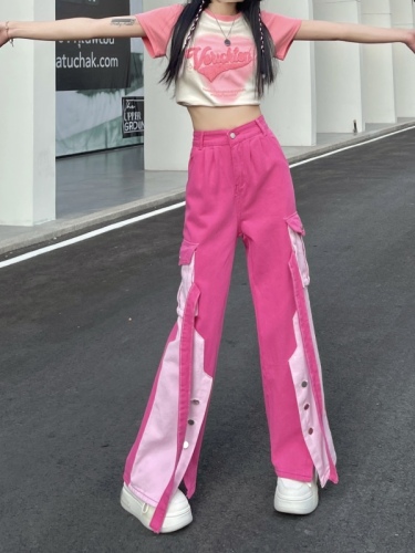 Real shot real price pink splicing overalls high waist color matching straight leg wide leg pants design feeling loose and thin fried street