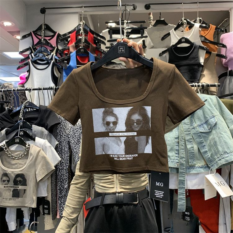 American fashion beauty portrait print short T-shirt female 2023 summer Korean version square collar collarbone short